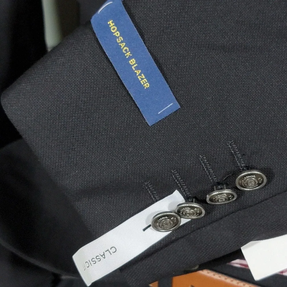 Stafford Men's Hopsack Blazer Two‎ Silver Button Black Wool Blend Classic 42L